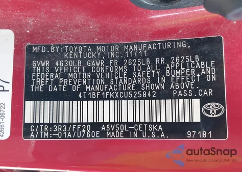 2012 Toyota Camry Se z USA, uszkodzony, nr VIN 4T1BF1FKXCU525842
